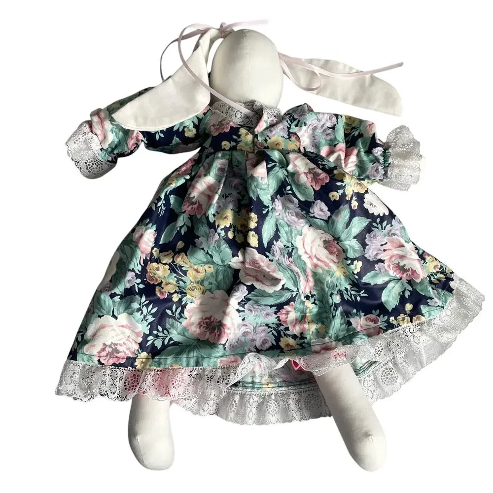 Vintage Cloth Bunny Rabbit Doll Primitive Country Calico Floral Dress 80's 90's